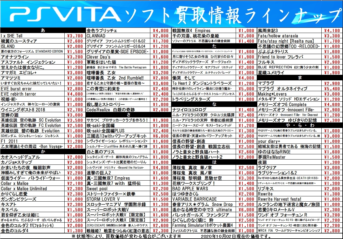 10 2 Psvitaソフトの買取告知更新しました お宝中古市場 安曇野店